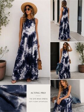 Acting Pro Tie Dye Maxi Dress Small Navy White Sleeveless Rayon USA Made